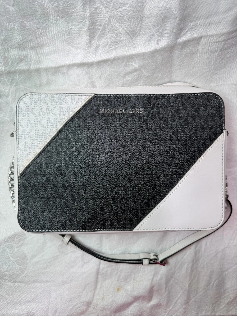 Michael Kors Black and White Diagonal Colorblock Messenger Bag